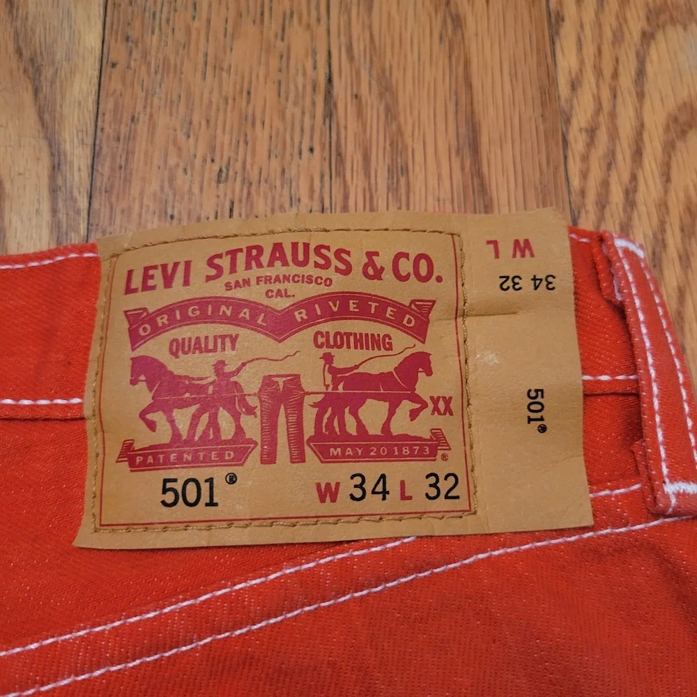 Levis 34x32 Jeans Orange Red Straight Leg White Contrast Stitch 501 Retro 90s